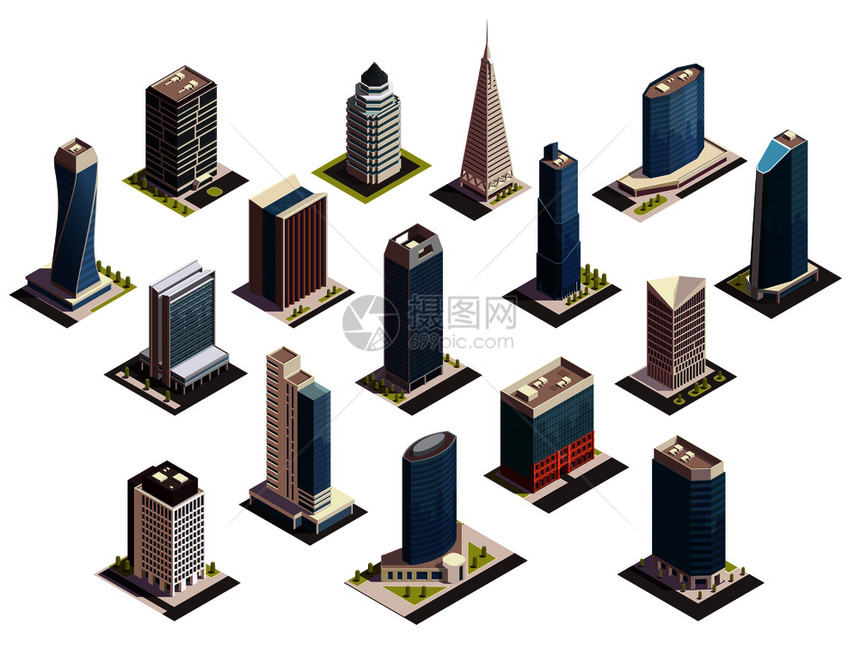 城市摩天大楼等距的孤立图像集与户外外观的现代建筑空白背景矢量插图图片