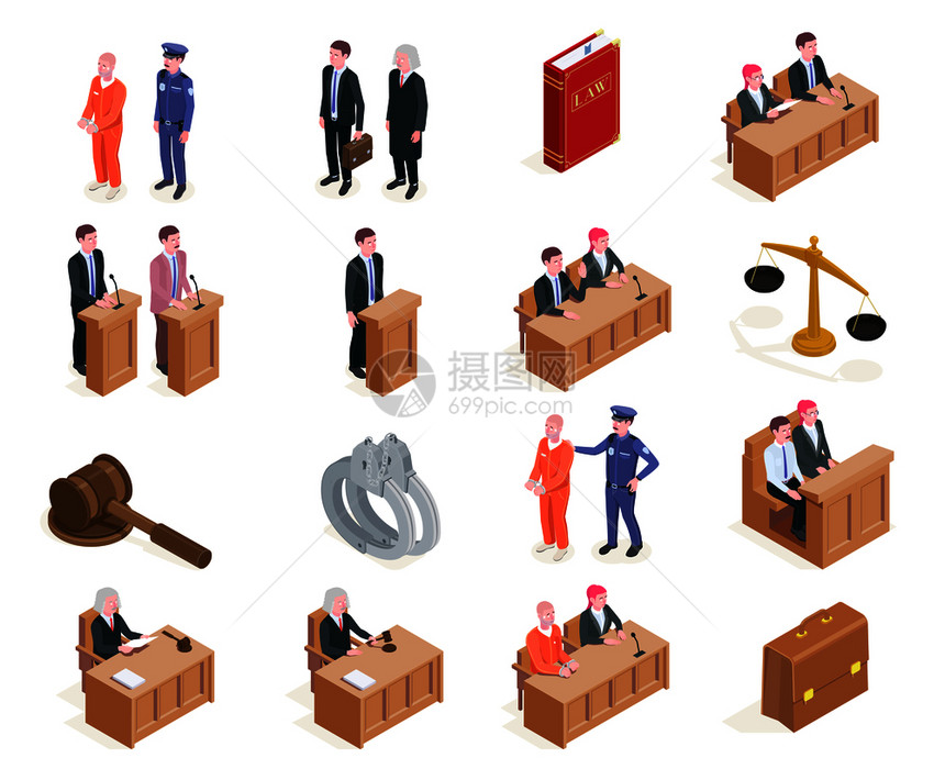 法律正义等距图标收集16个图像与人的角色法庭上矢量插图图片