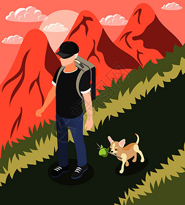 普通宠物普通生活的人他的狗等距背景的人走路与小可爱的狗矢量插图插画