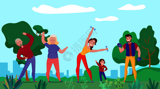 城市运动素材家庭健康运动健身平水平成与祖父母,父母,孩子锻炼与杠铃户外矢量插图插画