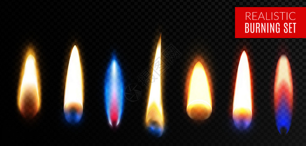 各种颜色的火焰彩色隔离真实燃烧透明图标同颜色形状的火焰矢量插图插画