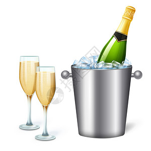 满杯百香果彩色写实香槟桶成与冷香槟两个完整的眼镜矢量插图插画