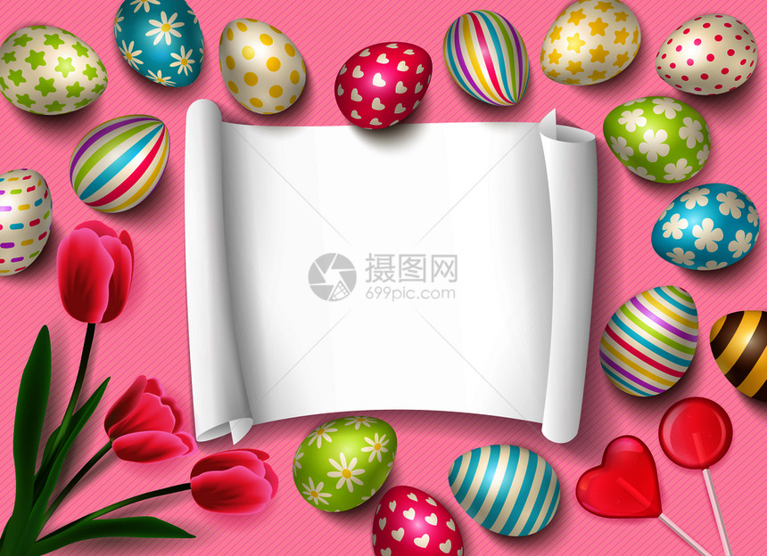 复活节作文与空纸框祝贺文字图片的鸡蛋,糖果花卉矢量插图图片
