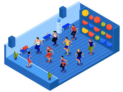 健身女教练群人健身房氧运动,架子上五颜六色的健身球,三维等距矢量插图插画