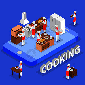 等距食品订单成与意大利餐厅工作人员烹饪厨房三维矢量插图图片