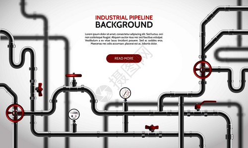 工业打印工业钢管道与红色水龙头现实背景矢量插图插画