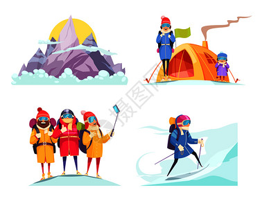 五箇山登山卡通4广场与高山登山者帐篷自拍顶部矢量插图插画