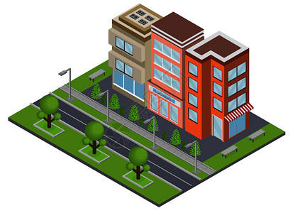 郊区建筑与房地产所权符号等距矢量插图图片
