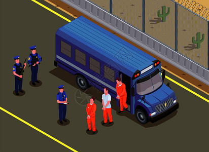 生宣囚犯运输等距成与保安监视被定罪的罪犯穿着制服,货车矢量插图插画