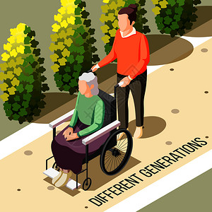 同世代等距背景的老残疾妇女坐轮椅轻的护理人员矢量插图图片