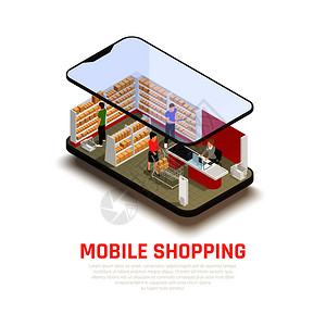 移动购物与电子商务符号等距矢量插图移动购物图片
