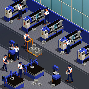 车床工人工业机械背景与工厂设备符号等距矢量插图插画
