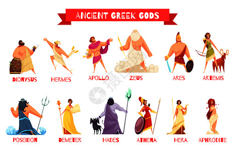 古希腊神2水平卡通人物集与狄奥尼索斯宙斯波塞冬阿芙罗狄蒂阿波罗雅典娜矢量插图背景图片