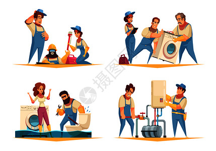 水管工工作4平卡通作品与洪水家庭固定锅炉洗衣机安装矢量插图插画