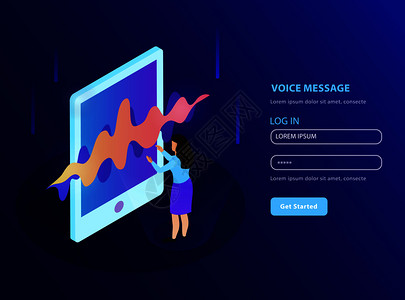 语音信息登陆页与妇女用她的智能手机收听语音信息等距矢量插图图片
