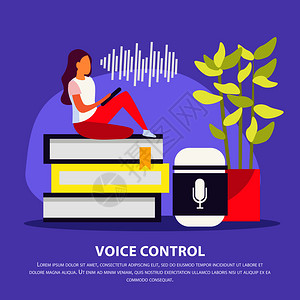 语音控制平海报与女家庭内部交谈与智能扬声器小工具矢量插图图片