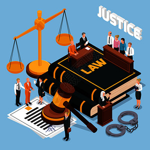 法律司法陪审审判法律法庭诉讼等距构成与木槌平衡被告法官矢量插图图片