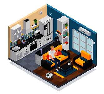 智能家居内部等距成与物联网远程控制厨房客厅设备矢量插图图片