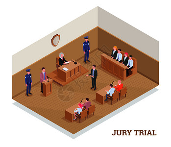 律师会议法律司法等距构图与文本法庭室会议期间与人物矢量插图插画