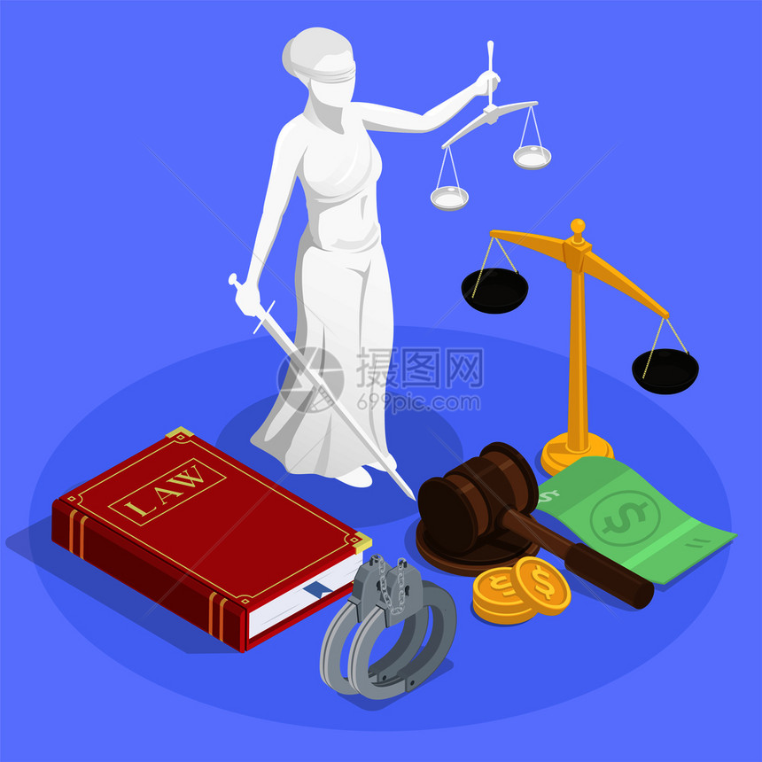 法律正义等距构成与雕像的法律书籍腕带其他管辖权符号矢量插图图片