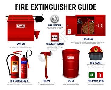消防控制可编辑文本标题各种消防器具矢量插图的孤立图像的真实灭火器指南插画