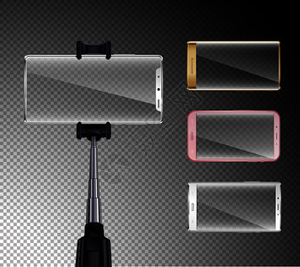三米格尔市场最后代所屏幕智能手机现实与自拍杆持人彩色贝塞尔透明背景矢量插图插画