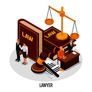 工资证明法律正义图标等距构图与小人物人物书籍的法槌黄金重量矢量插图插画