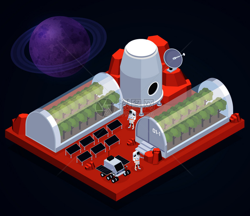 探索等距构图与行星的图像温室建筑的外星基地矢量插图图片