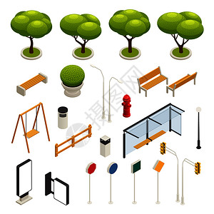 摆动器城市元素构造函数等距图标摆动道路标志,树木,长凳,公交车站矢量插图插画