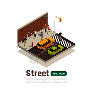 城市道路交通彩色城市等距构图与街道标题隔离道路交通行人矢量插图插画