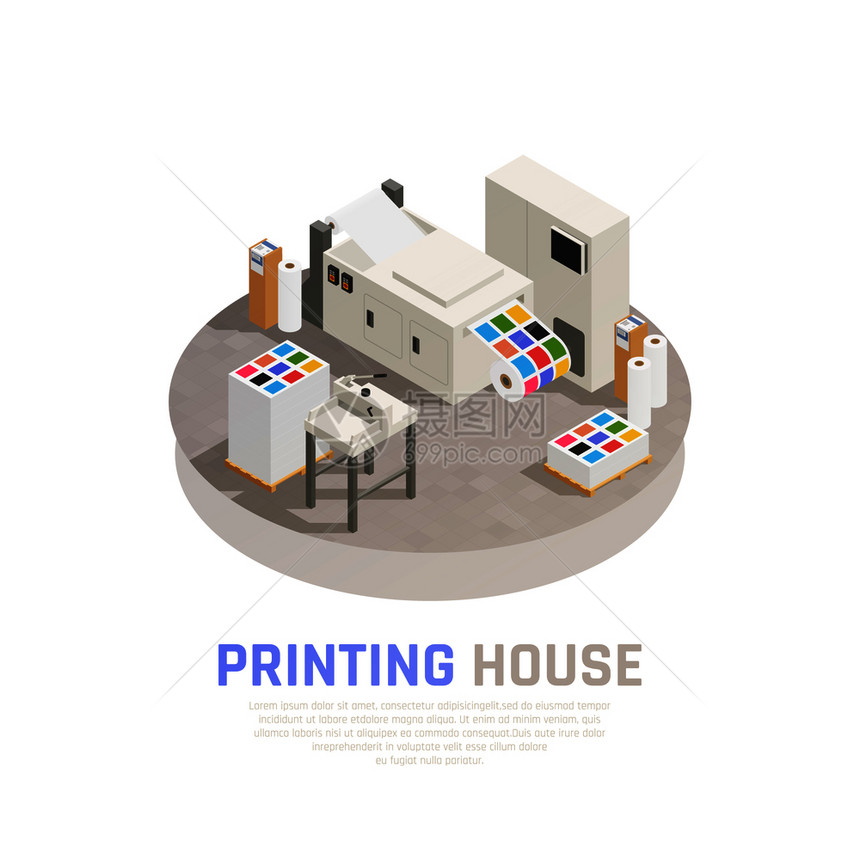 彩色印刷厂多边形等距成与单色彩色印刷室矢量插图图片