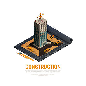 彩色等距建筑横幅与建筑矢量插图的三维施工方案图片