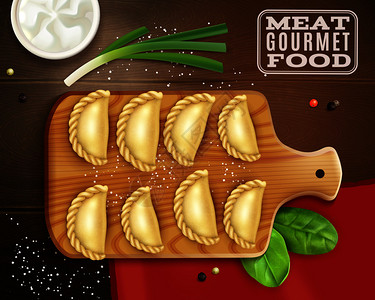 作文木制的现实的肉类美食合与木盘顶部的视图与饺子盐蔬菜矢量插图插画