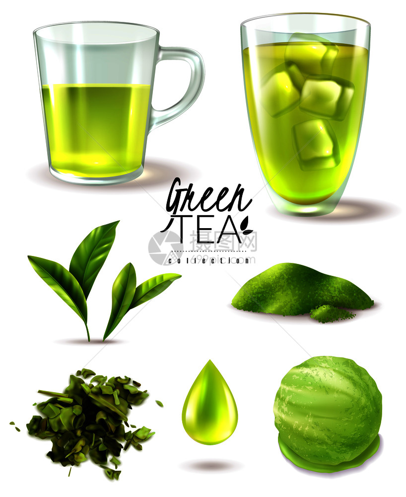 现实的绿茶冰集与成熟的叶子杯冰淇淋勺矢量插图的孤立图像图片