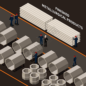 金属工业等距成与工人冶金产品三维矢量插图图片