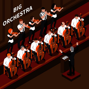 管弦乐队音乐家指挥古典音乐会上表演等距构图3D矢量插图图片