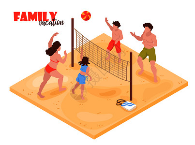 等距海滩别墅热带假日背景与人类特征的家庭成员打排球与文本矢量插图图片