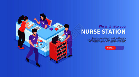 可商用护士等距医院水平横幅与可编辑文本滑块按钮接收区域的视图与立场矢量插图插画