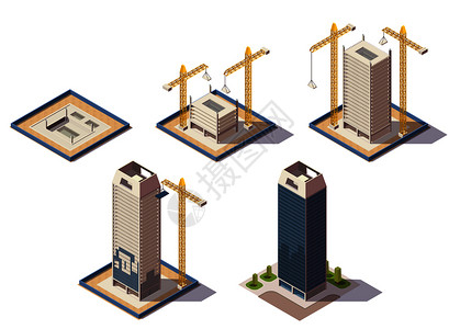 城市摩天大楼等距成与建筑场景图像代表同阶段的施工过程矢量插图图片