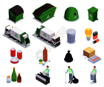 十六个垃圾废物回收等距图标与人类特征的拾荒者垃圾箱矢量插图图片