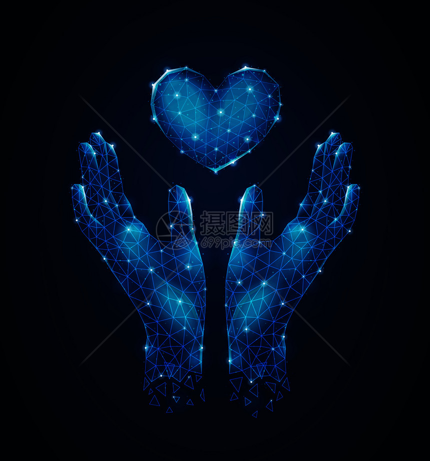 人手守护心脏发光多边形线框未来主义构图抽象矢量插图图片