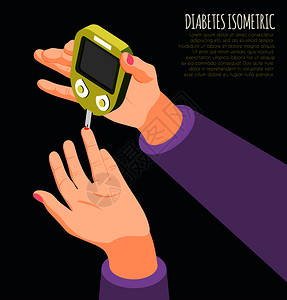 糖尿病诊断等距背景与人手握仪测量血糖水平矢量插图高清图片