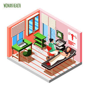 妇女健康等距成与女医生妇女躺沙发上超声检查矢量插图图片
