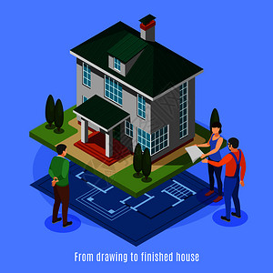 房屋建设阶段背景绘图成品房屋等距矢量插图图片