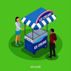 冰淇淋等距背景与卖方买方站附近的街车与甜蜜的冷冻食品矢量插图图片