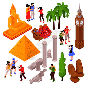 游客服务等距旅游景点与游客著名观光景点的孤立图像矢量插图插画