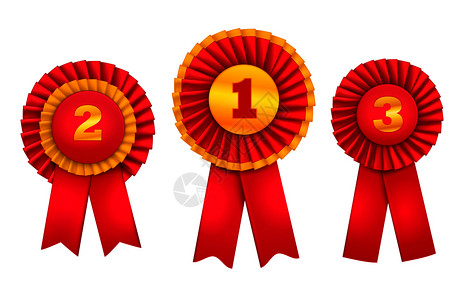 奖励章花环奖励现实的套订单,为顶级获奖地点装饰红色丝带矢量插图图片