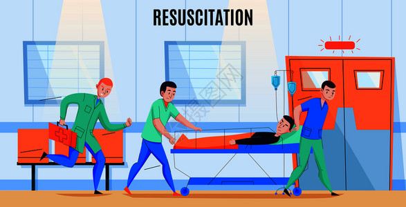 灌输救护车护理人员将受伤病人赶医院急诊科复苏区平成分矢量图插画