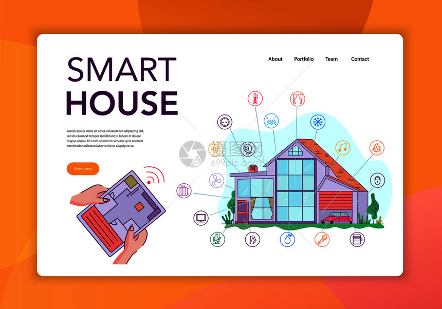 智能住宅物联网智能技术平网站横幅与物联网平板控制矢量插图图片