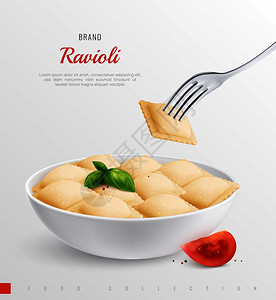 佩什瓦盘子里的馄饨传统的民族菜意大利菜单现实的构图矢量插图插画